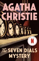 De boekomslag van "The Seven Dials Mystery" van Agatha Christie, met op een schoorsteenmantel een rij wekkers.