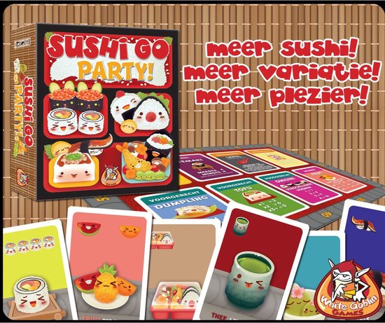 Doos en kaarten van het spel Sushi Go Party, met sushi, onigiri en fruit illustraties.