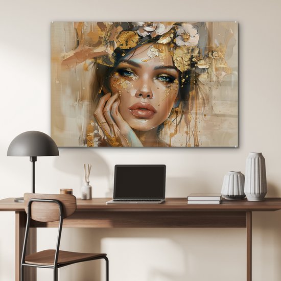 MuchoWow® Peinture sur verre 120x80 cm - Peinture sur verre acrylique - Femme - Fleurs - Or - Portrait - Photo sur verre - Décoration murale salon - Décoration murale chambre - Peintures