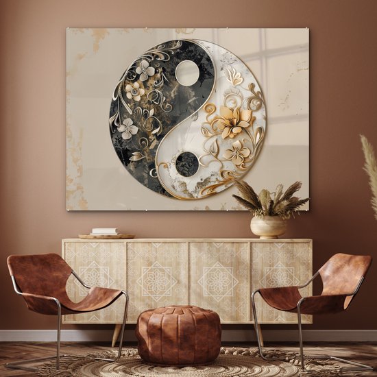 MuchoWow® Tableau sur verre 160x120 cm - Tableau sur verre acrylique - Yin Yang - Fleurs - Zwart - Wit - Vintage - Photo sur verre - Décoration murale salon - Décoration murale chambre - Peintures