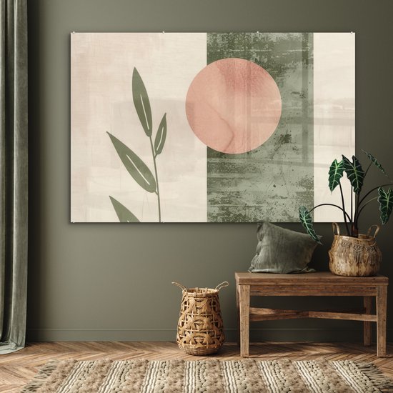 MuchoWow® Glasschilderij 150x100 cm - Schilderij acrylglas - Geometrisch - Roze - Groen - Natuur - Foto op glas - Muurdecoratie woonkamer - Wanddecoratie slaapkamer - Schilderijen