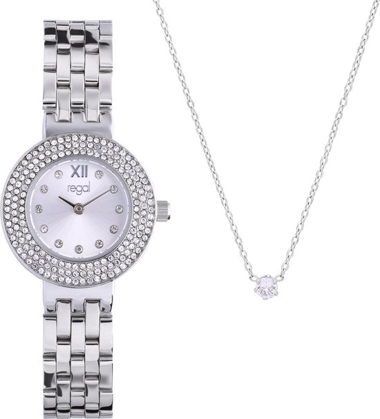 Lucardi - Dames Regal cadeauset horloge met gratis collier zilver - Moederdag Cadeautje Set - Alloy - Zilverkleurig