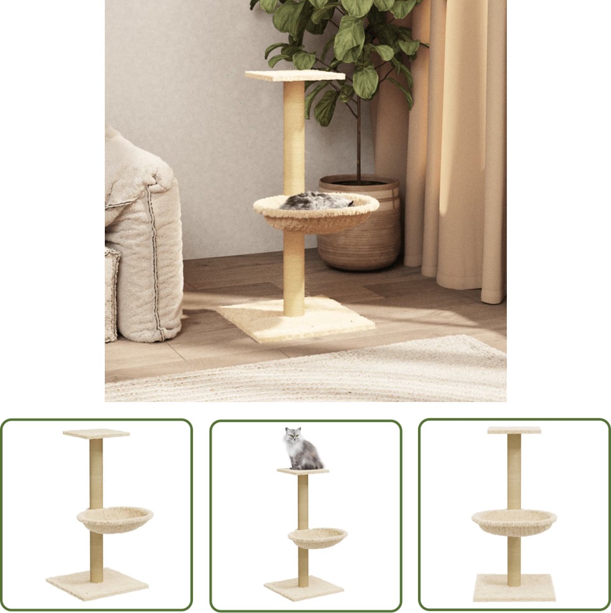 The Living Store Kattenboom - Klimmeubel - 35x35x74 cm - Luxe kat met plateau - hangmat - Comfortabel pluche - duurzaam sisal touw - Inclusief montagehandleiding - Crème hout pluche sisal
