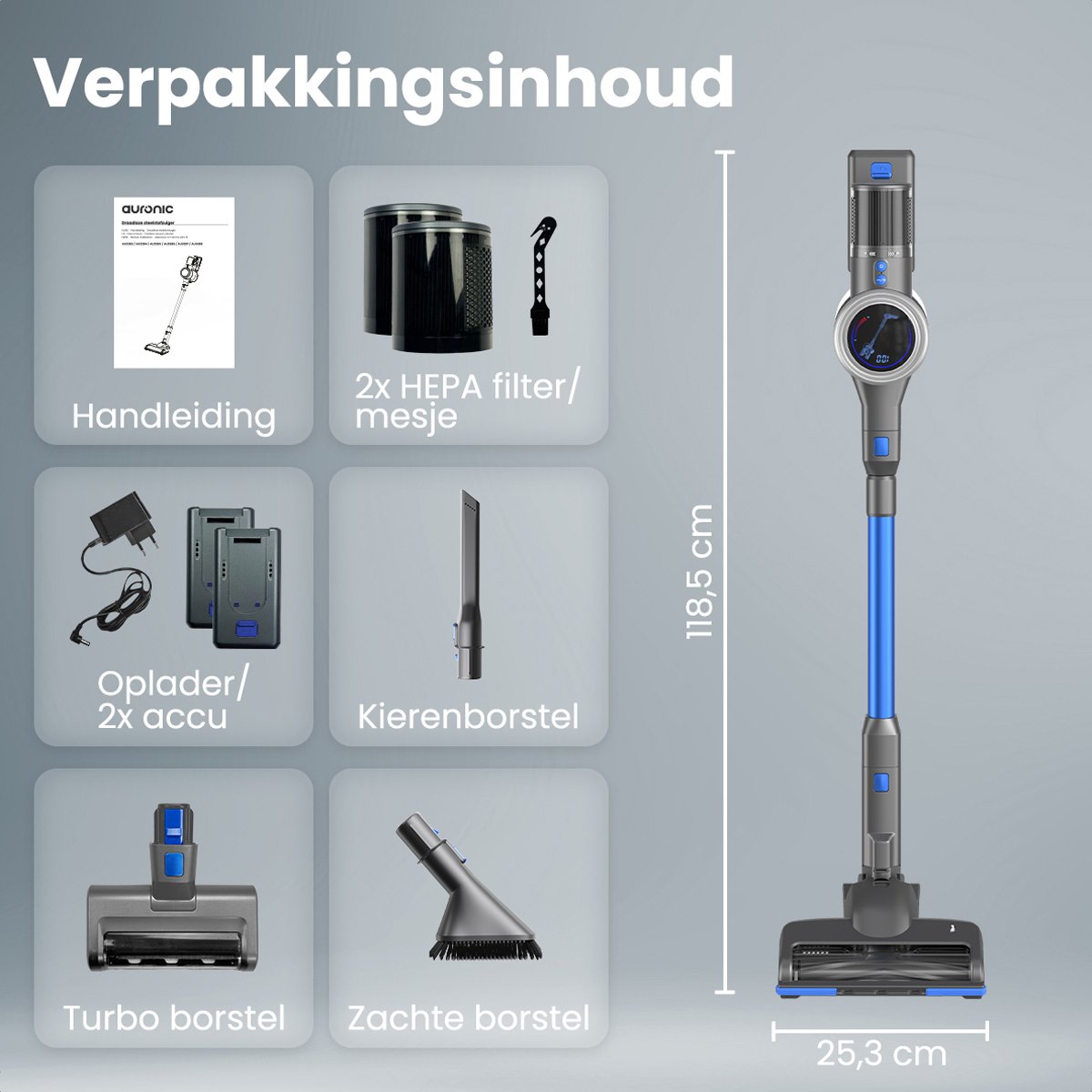 Auronic Steelstofzuiger Draadloos 350W - Draadloze Stofzuiger - HEPA Filter - Zelfstaand - Extra Accu - Op Accu - Zonder Zak - Kruimeldief - Vacuum Cleaner - Grijs/Blauw — afbeelding 7