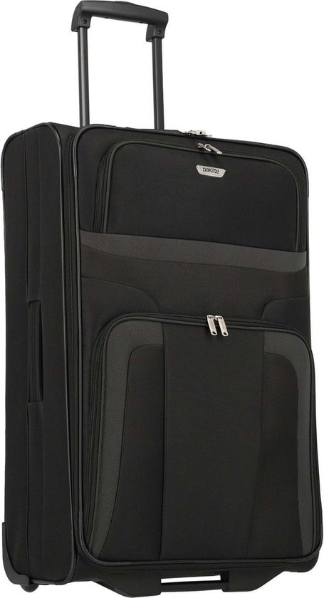 Valise noire à deux roues, poignée rétractable et poches avant.