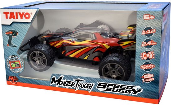 Taiyo Monster Trugggy Speedy Buggy R/C auto in schaal 1:12, rood met gele en grijze vlammen. Inclusief afstandsbediening.