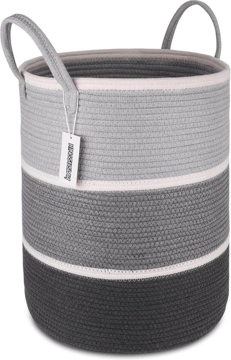 Goedkoopste Geweven Wasmand met Handgrepen - Katoenen Opbergtas voor Vuile Kleding, Deken en Speelgoed - 41 x 51 cm (Grijs & Wit