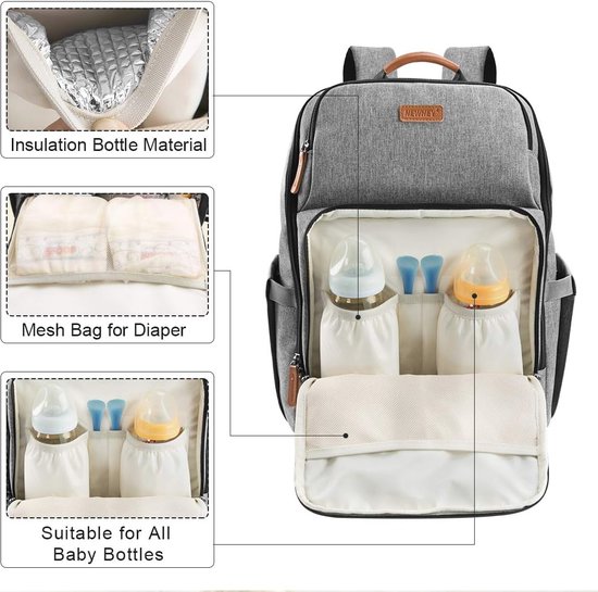 BÉABA, Verzorgingsrugzak voor baby's, grote opbergruimte, meerdere zakken, verschoningsmat inbegrepen, grote opening, geïsoleerde zakken, multifunctionele reistas, Wellington-tas, grijs gemêleerd