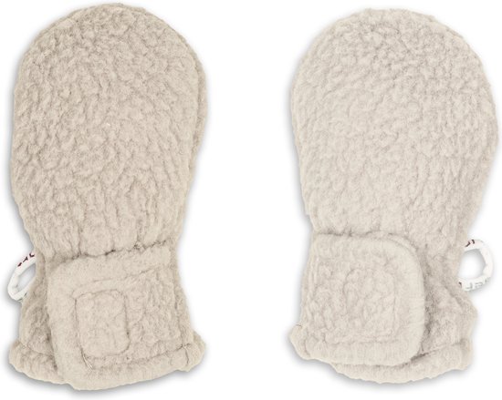 Twee crèmekleurige teddy babywanten met klittenbandsluiting, van het merk Lodger.