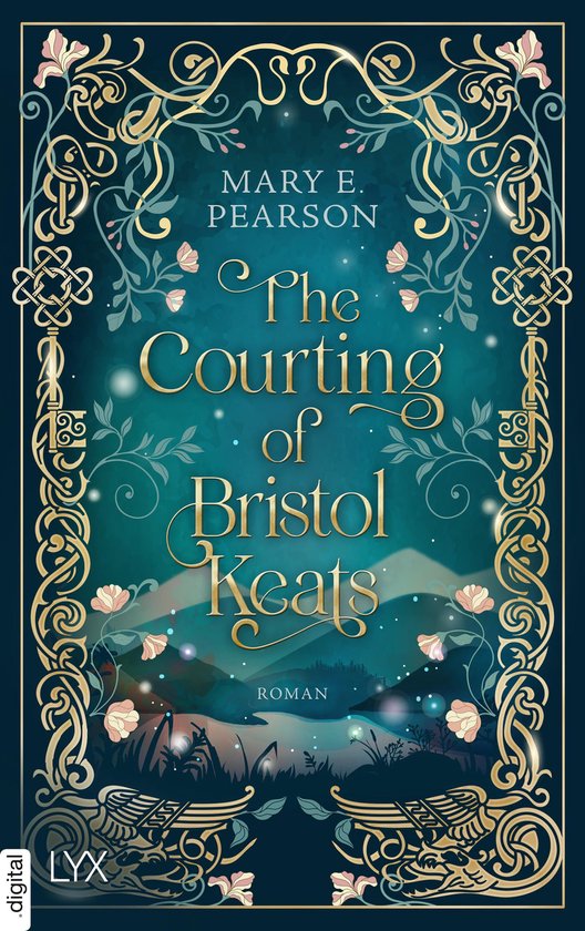 Boek 'The Courting of Bristol Keats' met een sierlijke, gouden rand en bloemen. Centraal staat de titel in goudkleurige letters.