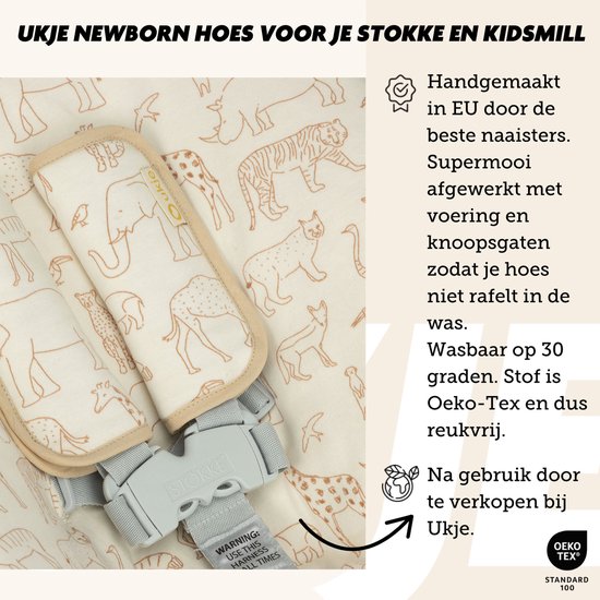 Ukje newborn hoes voor Stokke Tripp Trapp & Kidsmill Novi Nomi newborn set - Perfecte pasvorm - Waterafstotende voering - Makkelijk wasbaar - Zachte gordelbeschermers - Beige safari van Ukje — afbeelding 5