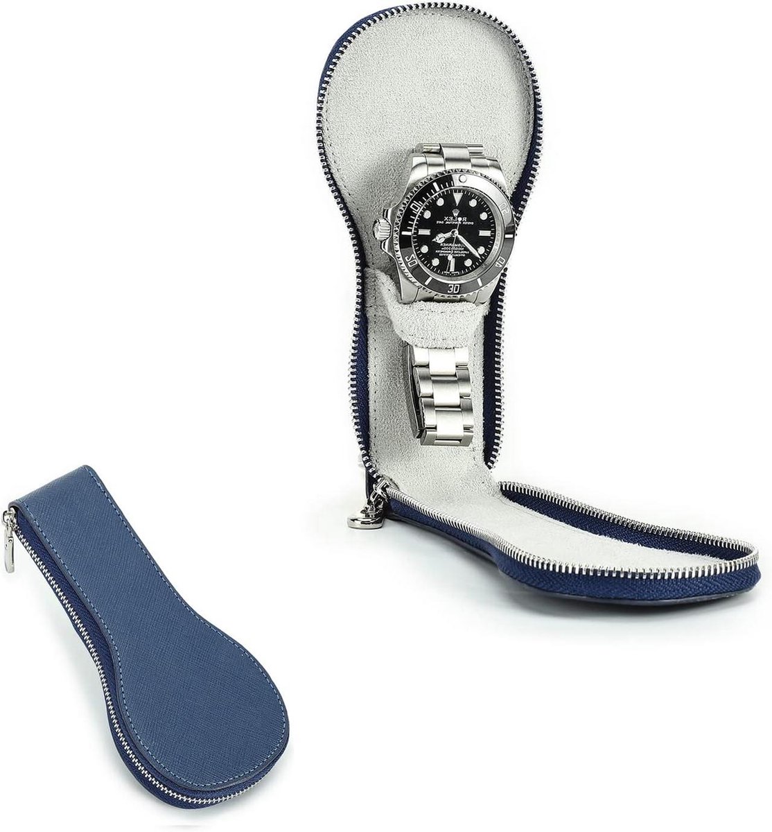 Horloge Case Echt Saffiano Lederen Opbergdoos Draagbaar Rits Horlogebeschermer Blauw