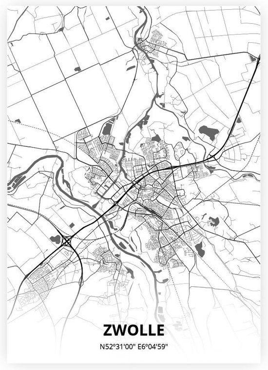 Zwolle plattegrond - A4 poster - Zwart witte stijl