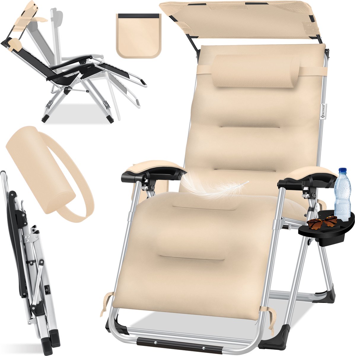 KESSER Luxe Ligstoel – Extra Breed & Comfortabel – Dikke Kussens, Armleuningen, Hoofdkussen, Bijzettafel & Opbergvakken – Ergonomisch & Antislip – Tuin of Balkon – Beige