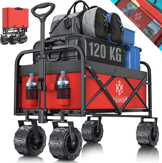 KESSER® Bolderkar opvouwbaar Bolderwagen tot 120 kg draagvermogen - Strandkar Transportkar - Rood / Grijs