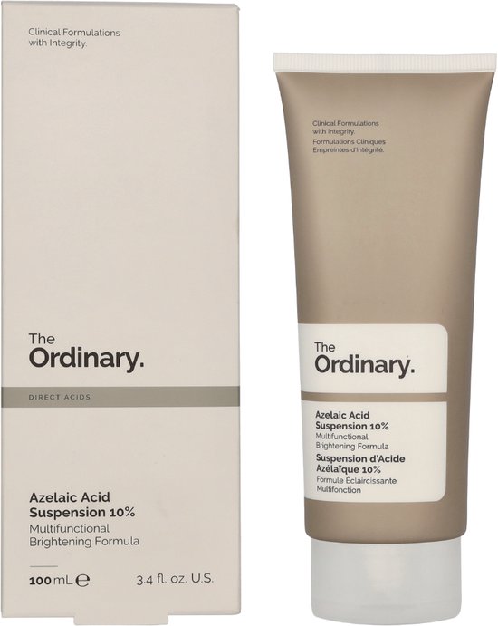 Witte doos en grijze tube naast elkaar met 'The Ordinary Azelaic Acid Suspension 10% Multifunctional Brightening Formula' in zwarte tekst.