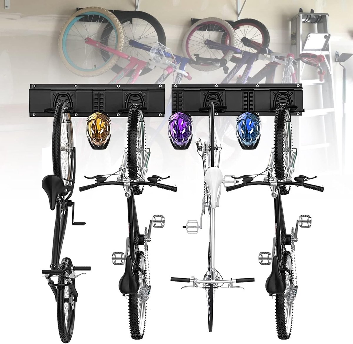 Fietshouder Wandhouder voor 4 fietsen en 3 helmhaken, Fietswandhouder voor garage of thuis, Verticale muur, Fietshanger, Veilige haken, Belastbaar tot 250 kg, Ruimtebesparend