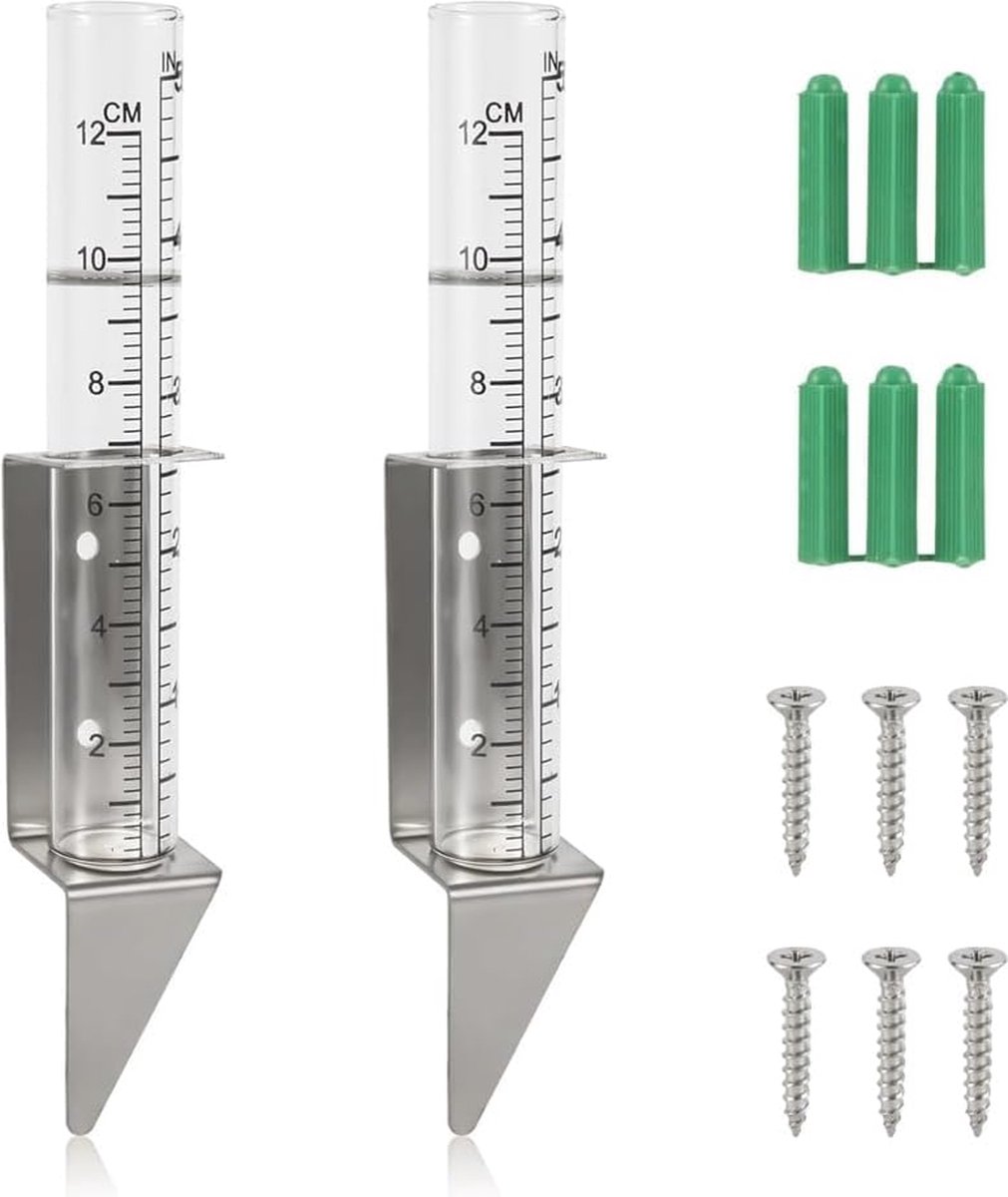 Regenmeter voor Buiten met Roestvrijstalen Houder - 2-in-1 Set van 2 - 12,7 cm
