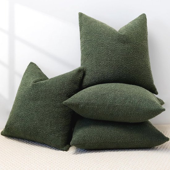 Set de 4 Taies d'oreiller Boucle - Housses de coussin décoratives pour salon et chambre à coucher - Accent Boho doux en vert chasseur - 45x45 cm
