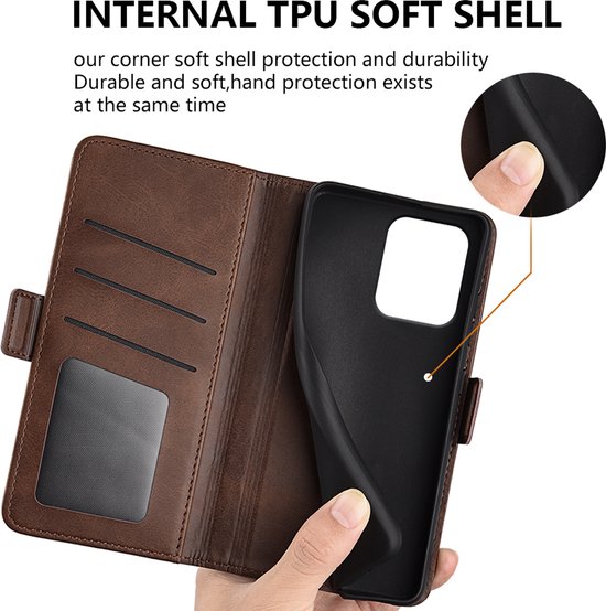 Bruine lederen wallet hoes, opengeklapt, met zwarte TPU binnenschaal.