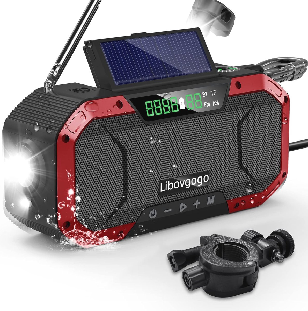 Draagbare Noodradio met Oplaadfunctie, IPX5 Waterdichte Bluetooth-Luidspreker en Zaklamp, 5000 mAh, AM/FM, SOS Alarm