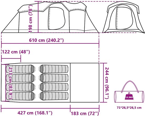 vidaXL Tunneltent - 8-persoons - Waterdicht - Groen Kampeeruitrusting - Gezinstent - Tunneltent - Waterdichte Tent - Windbestendige Tent van Vidaxl — afbeelding 5