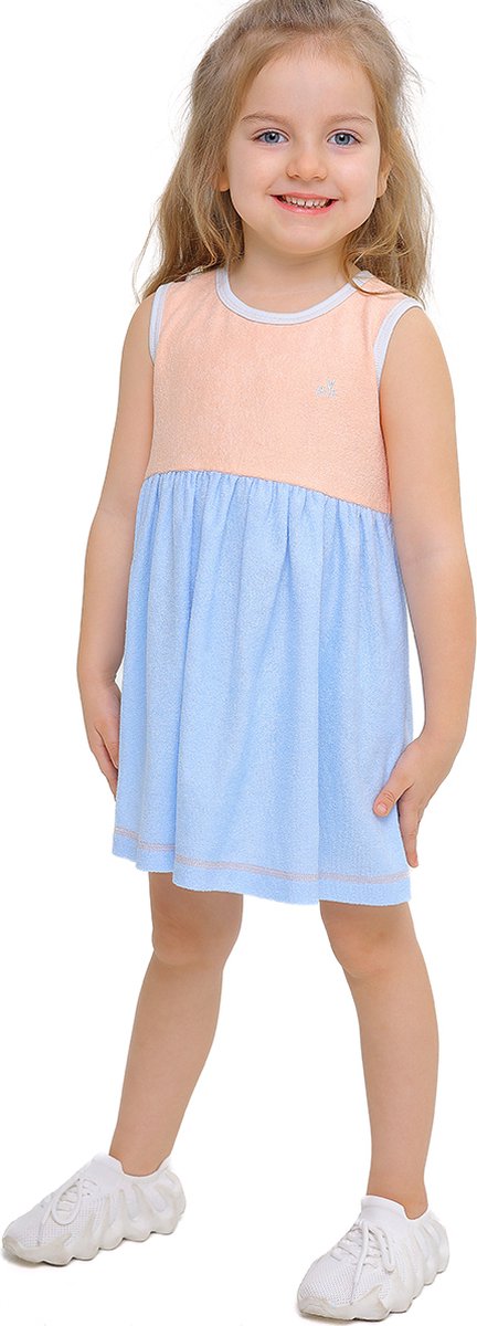 RobyKris Meisjes Badstof jurk - Katoen - Blauw/perzik - Maat 98-104