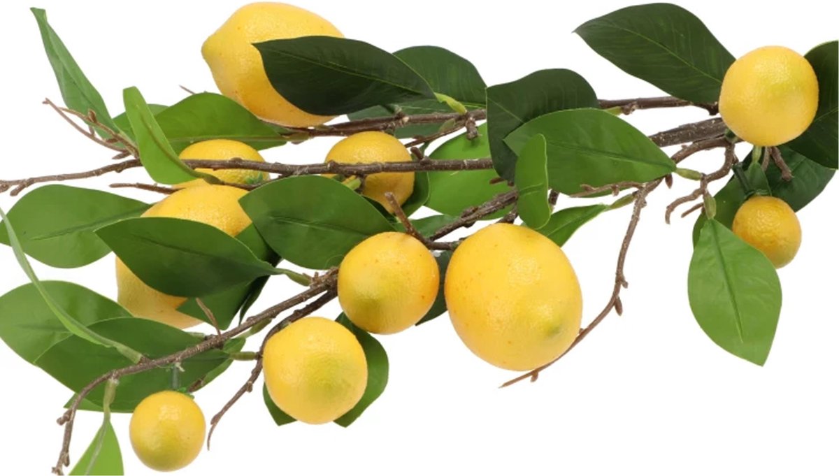 DK design Kunstbloem citrusfruit tak citroen - 2x - 90 cm - geel - losse steel - Kunst zijdebloemen