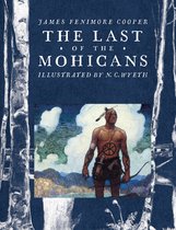 Boekomslag met een illustratie van een Mohicaanse krijger met pijl en boog, staande op een rotsachtige kustlijn. De titel is 'The Last of the Mohicans'.