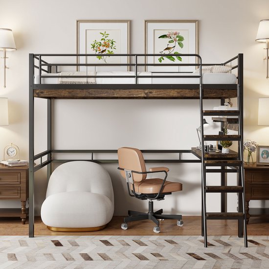 Sweiko Lit mezzanine 90*200 cm, bureau, étagère, sans matelas, noir