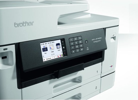 Detail van de witte Brother MFC-J740DW printer met twee papierlades, genummerd 1 en 2.