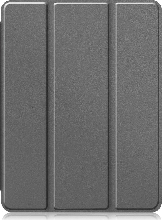 Étui de tablette gris, trifold, fermé, sur fond blanc avec réflexion.