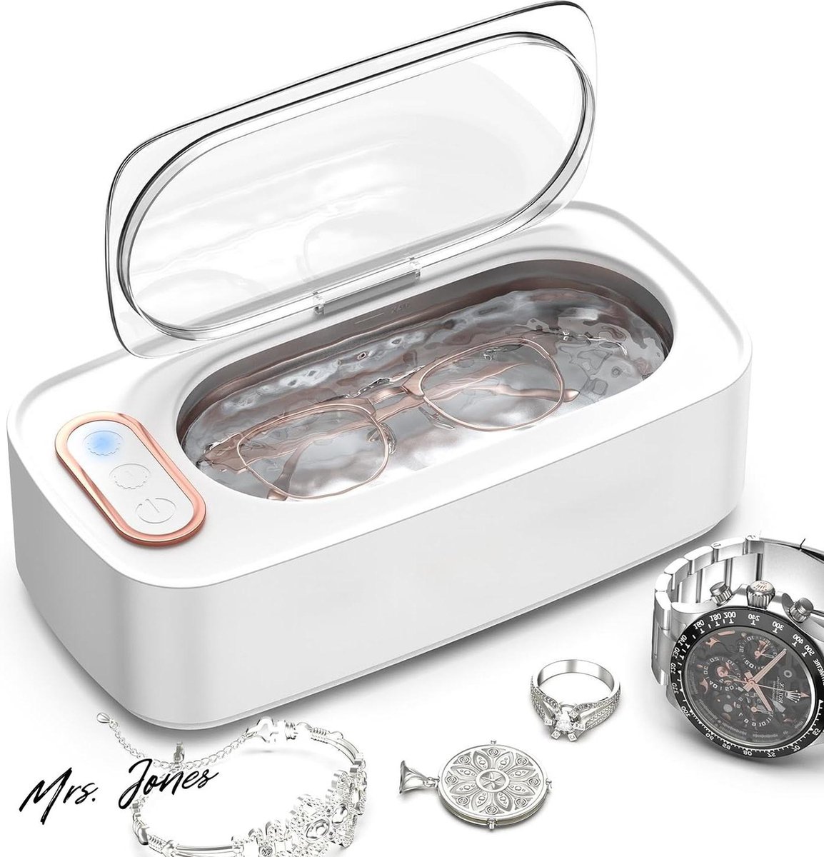 Mrs. Jones Ultrasone reiniger 400 ml - Sonische reiniger 47.000 Hz - Draagbaar - 2 reinigingsmodi - Touch-functie - Horloges halskettingen kunstgebitten .