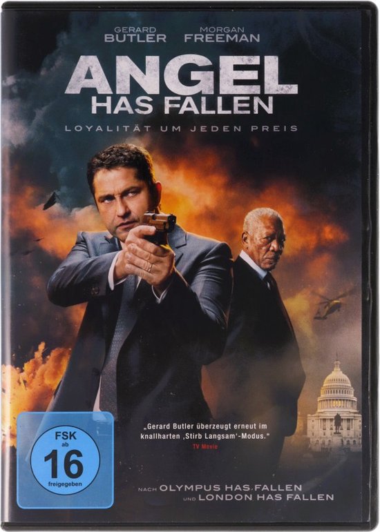 Angel Has Fallen DVD-hoes met Gerard Butler met pistool en Morgan Freeman in pak, met helikopters en het Capitool op de achtergrond.