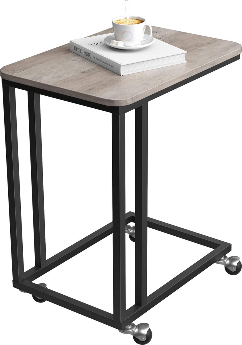 FurnStar - Bijzettafel - Banktafel met Wieltjes - C-Vorm - Mobiele Koffietafel - 35 x 50 x 60 cm - Woonkamertafel met Metalen Frame - Voor Koffie en Laptop - Industrieel Design - Greige-Zwart