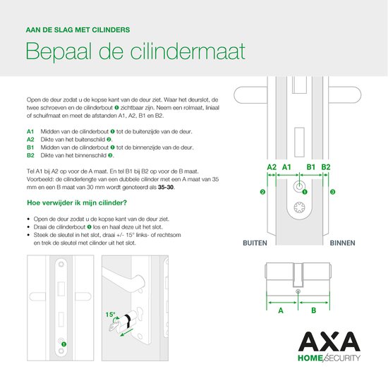 Illustratie om de maat van een deurslotcilinder te bepalen met maten A1, A2, B1, B2. AXA Home Security.