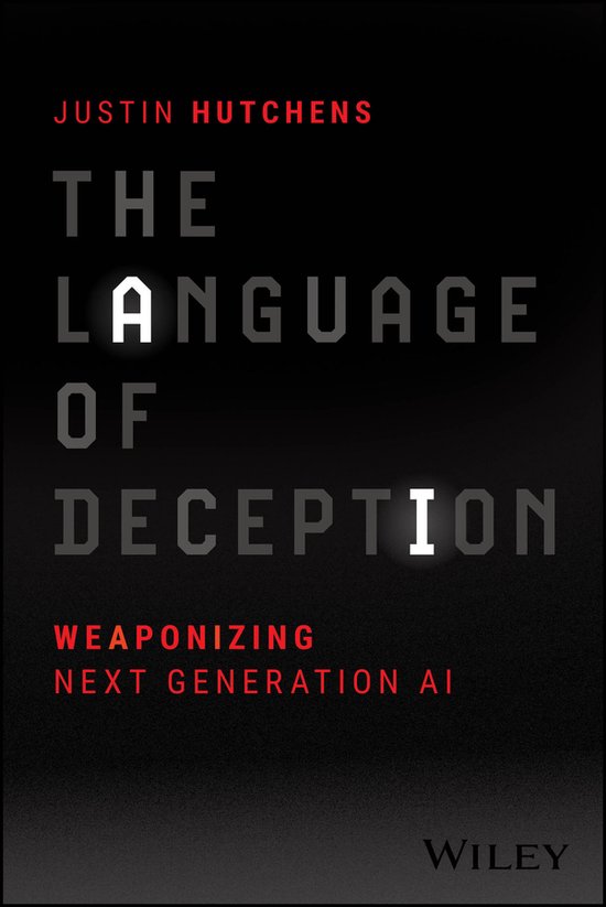 Boekomslag: 'The Language of Deception' door Justin Hutchens. Tekst in wit en rood op zwarte achtergrond.