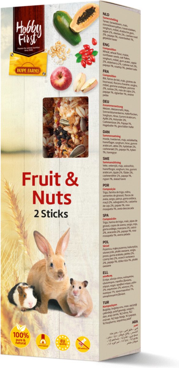 Hobbyfirst Hope Farms Sticks Fruit En Noten - Knaagdiersnack - Fruit Noten 8.1x4x26.5 cm 2x90 g L