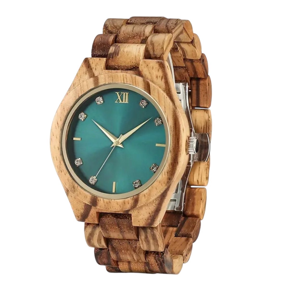 Luxe Dameshorloge - Polshorloge - Cadeau - Daimonds - Geschenkdoos - Vrouwen - Hout met Groene Wijzerplaat - Klassieke uurwerk - Luxe Doos