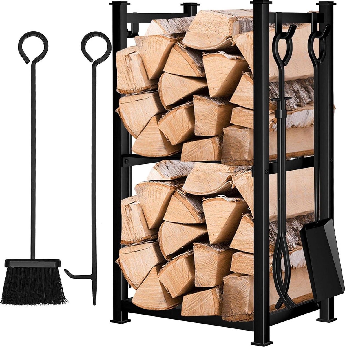 Brandhoutrek 72x40x30cm met Vier Gereedschappen - Binnen en Buitenshuis - Openhaard Gereedschapsset inclusief Schep- Bezem- Tang- Haken - Smeedijzeren Brandhouthouder - Haardhoutrek Zwart
