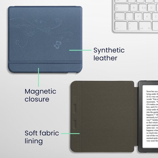 kwmobile e-reader hoesje geschikt voor Kobo Libra Colour hoes - E reader flip case met magnetische sluiting - Ereader cover - Stengels en Vlinder design in donkerblauw van kwmobile — afbeelding 4
