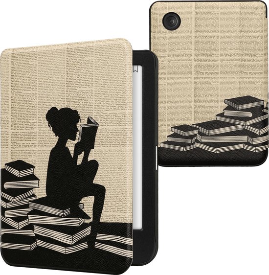 Housse kwmobile adaptée à Kobo Clara BW / Color - Fermeture magnétique - Housse pour liseuse E en noir / beige - Design Fille avec livres