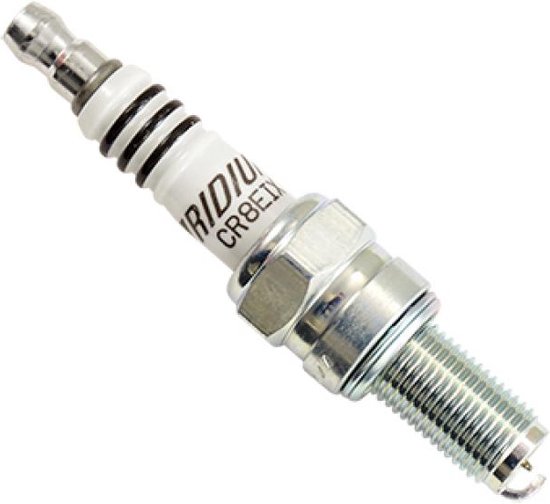 NGK iridium CR8EIX bougie met witte keramische isolator en metalen behuizing.
