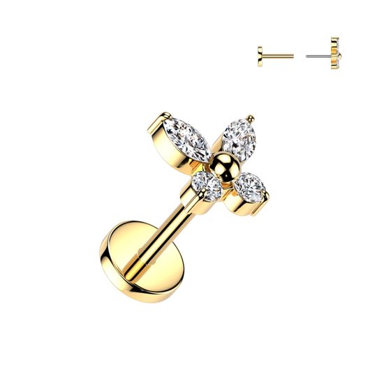 Gouden helix piercing met vlindervormige zirkonia steentjes.