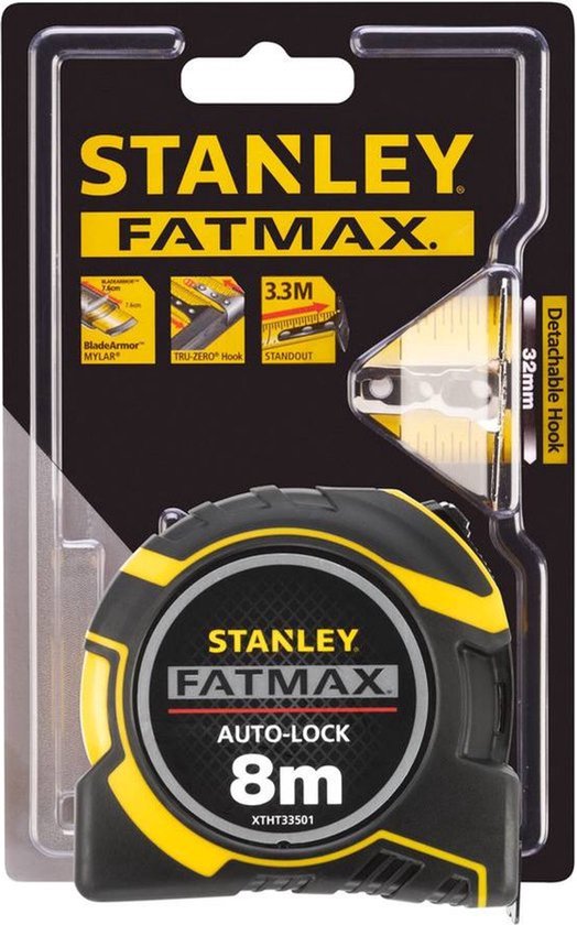 Stanley FatMax 8m rolbandmaat in verpakking, met details over BladeArmor.