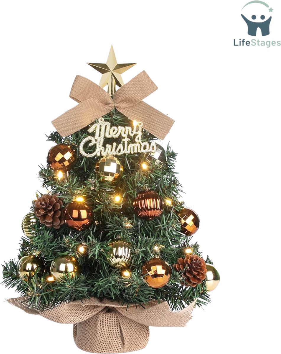 Kleine kerstboom met gouden versieringen en LED-verlichting - 40 cm hoog.