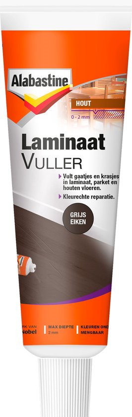 Alabastine Laminaat Vuller in de kleur Grijs Eiken. Voor het vullen van gaatjes en krasjes in houten vloeren.