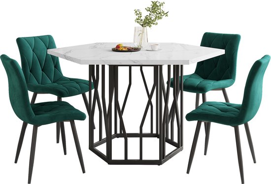 Eettafelset 100 X 100 X 74 Cm 4 Stoelen - Tafel Met Marmeren Blad Mdf Metaal Zwart