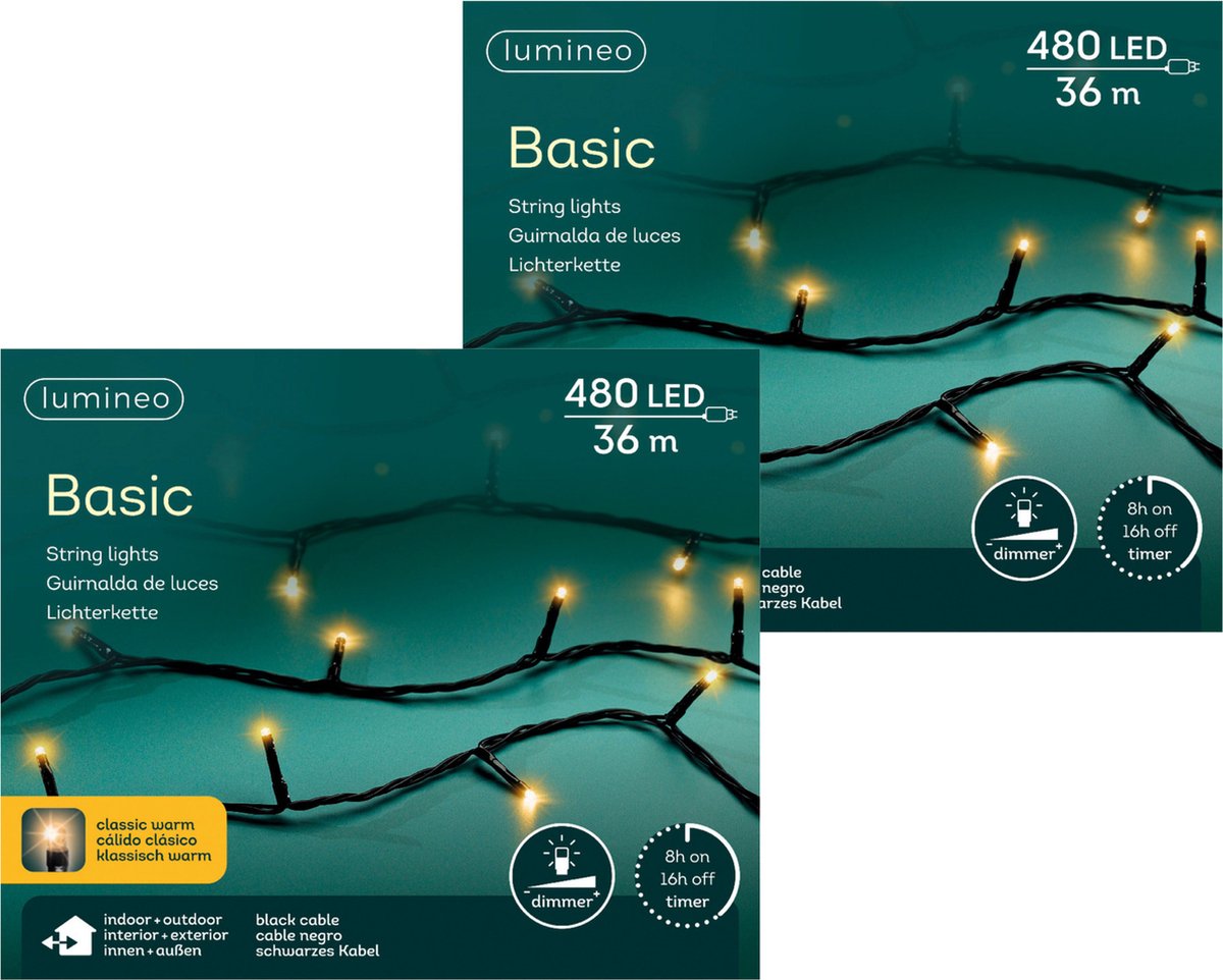 Lumineo Kerstverlichting - 2x - 480 leds -classic warm wit -3600 cm - black cable - timer en dimmer