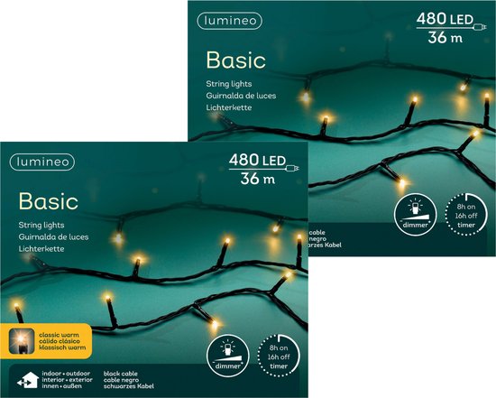 Éclairage de Noël Lumineo - 2x - 480 LED - blanc chaud classique - 3600 cm - câble noir - minuterie et variateur